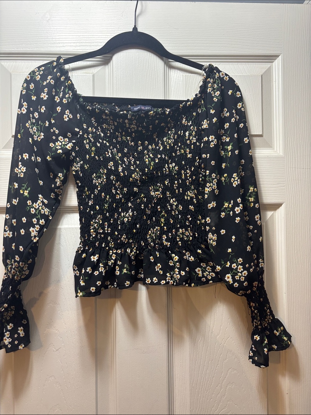 Heart Hips Black Floral Smocked Puff-Sleeve Blouse